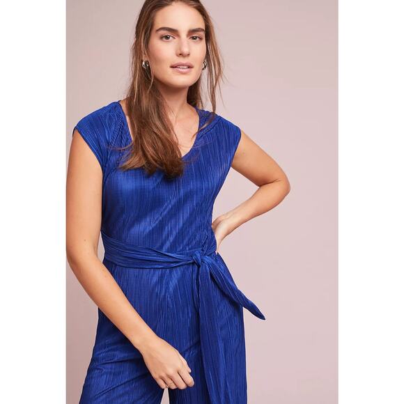 Maeve Anthropologie Sonata Blue Pleated One Piece Wide Leg Jumpsuit - Picture 3 of 12